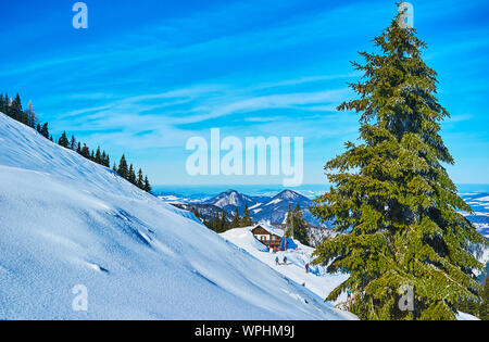 Regardez la pittoresque de paysages alpins les pentes abruptes de la montagne Zwolferhorn avec de grands sapins et neige profonde, St Gilden, Salzkammergut, Aust Banque D'Images