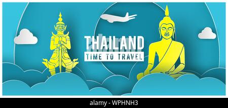 Promo voyages bannière avec un prix spécial du texte et des sites célèbres de la Thaïlande dans le papier art design,vector illustration Illustration de Vecteur