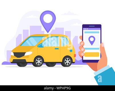 Concept d'autopartage. Service de location de voiture via une application mobile. A Hand holding smartphone avec une application de trouver un voiture de location. Vector illustration style de télévision Illustration de Vecteur