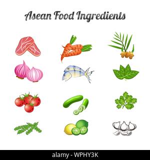 Asean food ingredients set bundle : légumes et viande de pente cartoon design,vector illustration Illustration de Vecteur