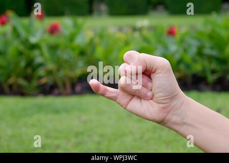 Femme mains montrant petit doigt sur fond de Green Park, le geste de faire une promesse. Banque D'Images
