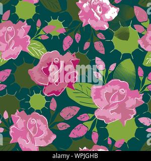 Roses dessinés à la main, dans un motif de surface répété Vector floral sur fond vert Illustration de Vecteur
