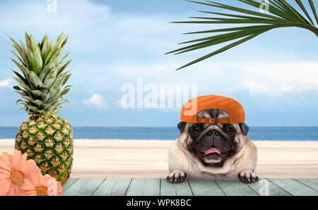 Smiling Été tropical pug dog à capuchon orange, avec pattes sur vintage green table en bois et de la plage et de la mer sur l'arrière-plan Banque D'Images