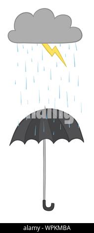 Nuage d'illustration vectorielle, foudre, pluie et parapluie. Faites à la main. Contours de couleur. Illustration de Vecteur