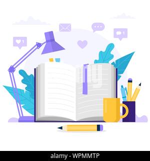 L'étude de concept. Livre ouvert, une tasse à café, une lampe sur une table, cute vector illustration style de télévision Illustration de Vecteur