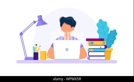 Man with laptop, étudier ou travailler. Table avec des livres, lampe, tasse à café. Vector illustration style de télévision Illustration de Vecteur