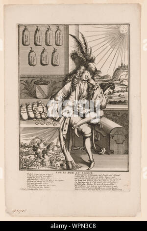 Louis d'or au soleil Résumé : Imprimer montre Louis XIV assis à côté d'une table, la tête posée sur son coude gauche qui repose sur son genou gauche ; il est endormi, même si sa main droite repose sur des sacs d'argent posé sur la table avec quelques pièces en vrac. Il porte un Louis d'Or médaille et un grand chapeau à plumes. Une scène de bataille est représenté sur le tissu qui pend du tableau, peut-être la Bataille de Blenheim. Le soleil brille à travers une fenêtre derrière lui, ainsi que sur un homme nager sur une rivière dans l'arrière-plan. Il y a une grande poitrine sur le plancher dans le coin inférieur droit. Banque D'Images