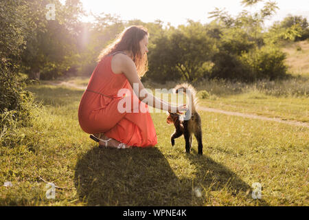 Belle jeune fille avec des cheveux bouclés dans une robe orange vif coups un félin tacheté moelleux dans la forêt d'automne Banque D'Images