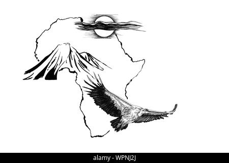Sur fond de carte de l'Afrique de vautour avec Kilimandjaro montagne et soleil. Collection d'illustrations faites à la main (originaux, pas de traces) Banque D'Images