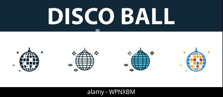 Boule disco icon set. Quatre éléments dans diférents styles à partir d'icônes icône partie collection. Boule disco créatif, rempli de couleur, contours et télévision Illustration de Vecteur