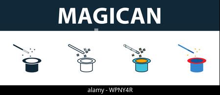 Magicien icon set. Quatre éléments dans diférents styles à partir d'icônes icône partie collection. Magicien créatif rempli d'icônes de couleur, contours, et télévision Illustration de Vecteur