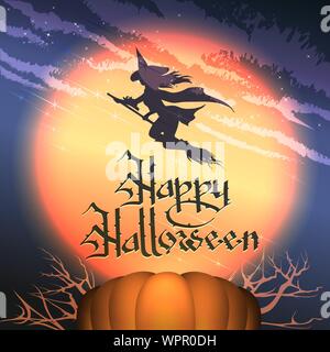 Happy Halloween citrouille avec l'arrière-plan, pleine lune et battant sorcière. Vector Illustration. Illustration de Vecteur