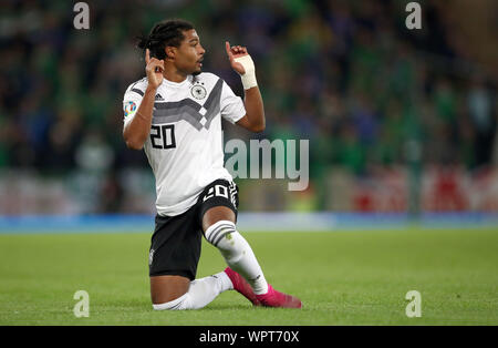 Belfast, Royaume-Uni. 09Th Sep 2019. Football : Championnat d'Europe, qualification phase Groupe, Groupe C, 6ème journée : l'Irlande du Nord - L'Allemagne au Windsor Park Stadium. Serge Gnabry de Allemagne réagit. Crédit : Christian Charisius/dpa/Alamy Live News Banque D'Images