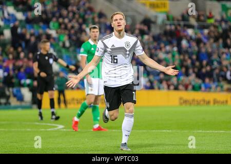 Belfast, Grossbritannien. 09Th Sep 2019. firo : 09.09.2019 Football : Football EM, Qualification de l'Euro : l'Irlande du Nord - Allemagne jubilation à Marcel Halstenberg après son but à 1 : 0 | Conditions de crédit dans le monde entier : dpa/Alamy Live News Banque D'Images