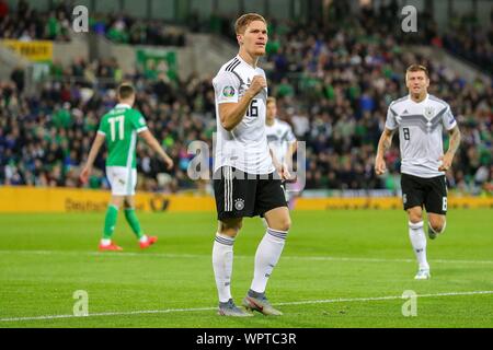 Belfast, Grossbritannien. 09Th Sep 2019. firo : 09.09.2019 Football : Football EM, Qualification de l'Euro : l'Irlande du Nord - Allemagne 0 : 2 Halstenberg la jubilation, Marcel (16)) | Conditions de crédit dans le monde entier : dpa/Alamy Live News Banque D'Images