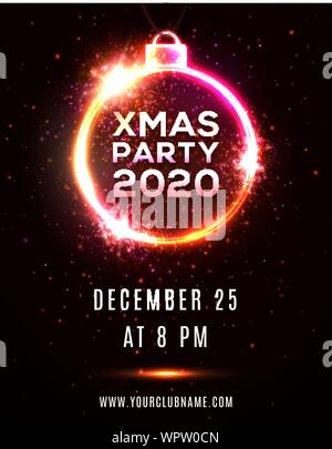 Noël 2020 Modèle d'affiche. Illustration éclatante avec étoiles Cercle de néons Led, numéro de ligne et Boule de Noël sur fond rouge foncé. Cele 3d Illustration de Vecteur