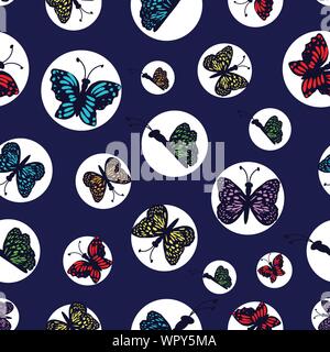 Multi Hand drawn papillons colorés disposés en cercles blancs sur un fond bleu foncé. Illustration de Vecteur