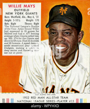 1950 era Homme rouge carte de tabac de Hall of Fame Willie Mays joueur avec les Giants de New York de la Ligue nationale. Banque D'Images