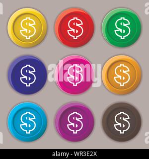 Icône Dollar sign. symbole sur neuf boutons colorés. Vector Illustration de Vecteur
