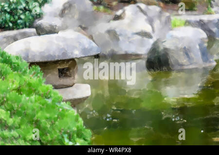 Illustration à l'aquarelle : étang dans un jardin japonais avec une lanterne de pierre traditionnelle à l'avant-plan, la faible profondeur de champ Banque D'Images