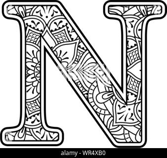 N initiale en noir et blanc avec ornements doodle et les éléments de conception de style art mandala pour colorer. Isolé sur fond blanc Illustration de Vecteur