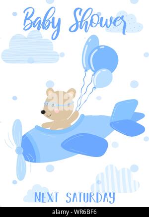 Vector illustration d'un plan bleu avec un ours pilote et de balles sur un fond de nuages. Droit pour les garçons. Сoncept de fêtes, anniversaire, emballages, pr Illustration de Vecteur