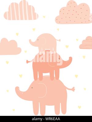 Vector illustration de trois éléphants roses parmi les nuages et les cœurs. Droit pour les filles. Maison de vacances concept, baby shower, anniversaire, emballages, print, clo Illustration de Vecteur