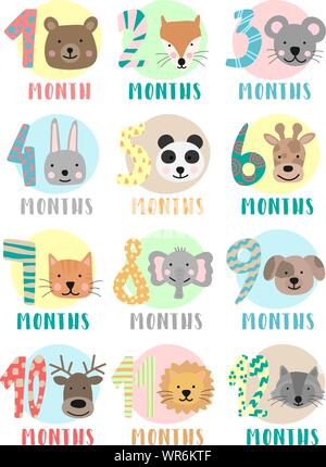 Image vectorielle de 12 mois pour un enfant avec des animaux. Une collection de stickers pour enfants avec des nombres et l'ours, le renard, la souris, le lapin, le panda, la girafe, le chat, Illustration de Vecteur