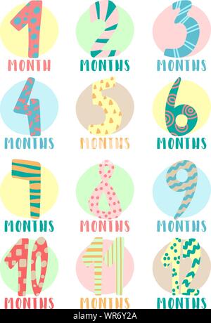 Image vectorielle de 12 mois pour les enfants. Une collection d'autocollants en forme de cercle multicolore avec des numéros tirés. Mois pour un album de bébé Illustration de Vecteur