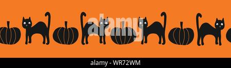 Vecteur Seamless border black cats Halloween et les citrouilles. Répéter border cute cats dessiné à la main pour les enfants illustration citrouille décoration parti, rubans Illustration de Vecteur
