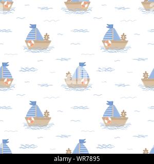 Une modèle de navire dessiné à la main avec des vagues de la mer. Image vectorielle sur le thème de la mer pour un garçon marin. L'illustration pour la maison de vacances, baby shower, anniversaire Illustration de Vecteur