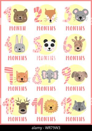 Image vectorielle de 12 mois pour une petite fille avec des animaux. Une collection de stickers pour enfants avec des nombres et l'ours, le renard, la souris, le lapin, le panda, la girafe, le Illustration de Vecteur