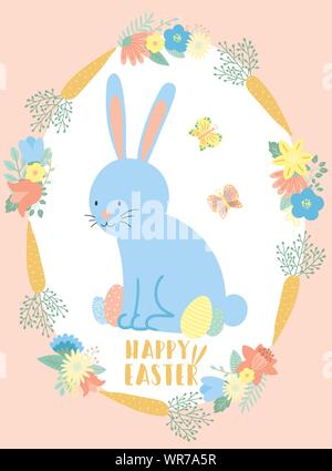 Image vectorielle d'un lapin bleu, les papillons et les oeufs dans les fleurs et les carottes guirlande. Illustration de Pâques dessiné à la main d'un lapin pour le printemps happy holi Illustration de Vecteur