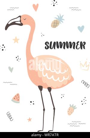 Vector illustration of a tropical flamingo avec fraise, ananas, pastèque, coeurs, étoiles. Dessiné à la main d'été pour les enfants de l'affiche exotiques, vacances, Illustration de Vecteur