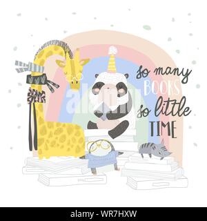 Animaux mignon assis sur des piles de livres Illustration de Vecteur