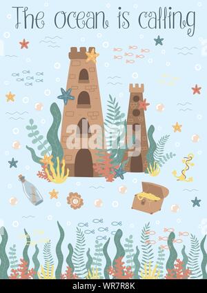 Image vectorielle d'un château, poitrine, trésors et les créatures de la mer. Dessiné à la main Marine illustration du royaume sous-marin girl, anniversaire, vacances, été, Illustration de Vecteur