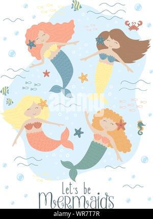 Image vectorielle d'adorables petits sirènes et créatures de mer sous l'eau. Illustration dessinée à la main Marine girl, anniversaire, vacances, fête de l'été, carte postale, Illustration de Vecteur