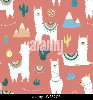 Profil de Seamless mignon blanc dessiné à la main les lamas ou alpagas, des cactus, des montagnes, du soleil, de guirlandes sur fond rose. L'illustration pour enfants, prix, te Illustration de Vecteur