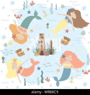 Image vectorielle d'adorables petits sirènes, château, trésors et les créatures de la mer. Dessiné à la main Marine illustration du royaume sous-marin girl, anniversaire, hol Illustration de Vecteur