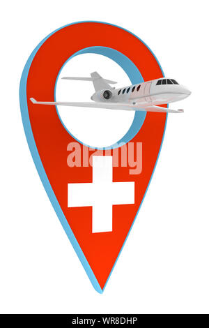 Avion privé avec code pin drapeau navigation Suisse. Le rendu 3D Banque D'Images