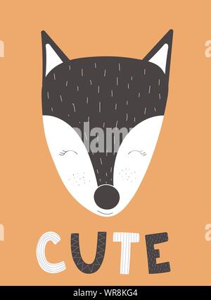 Image vectorielle de l'affiche avec Fox et l'inscription mignon sur fond orange. Les enfants à la main noir et blanc illustration scandinaves. L Illustration de Vecteur