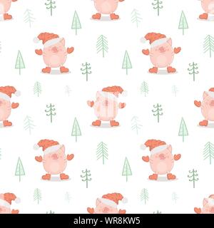 D'un modèle transparent mignon cochon dans une nouvelle année, le PAC, mitaines et bottes sur un fond d'arbres de Noël. Vector illustration of piggy pour maison de vacances, pr Illustration de Vecteur