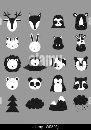 Vector illustration scandinaves. Animaux mignons dessiné à la main. Cerfs, renards, sloth, rhinoceros, cat, lièvre, hippopotames, girafes, lions, OWL, chien, tigre, l'ours Illustration de Vecteur