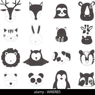 Vector illustration enfants scandinaves. Cute black dessiné à la main animaux pour bébé. Cerfs, renards, sloth, rhinoceros, cat, lièvre, hippopotames, girafes, lio Illustration de Vecteur