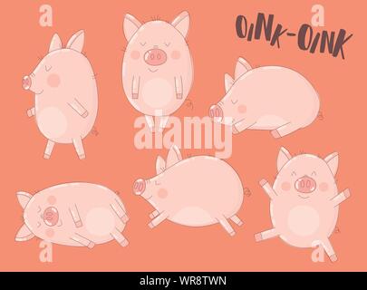 Collection de cochons mignon sur un fond rouge avec le mot coin. Vector illustration pour la nouvelle année, noël, imprime, invitations, flyers, cartes, enfant Illustration de Vecteur