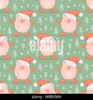Une structure de porcs dans les vêtements d'hiver mignon, flocons et arbres de Noël sur un fond vert. Vector illustration d'un cochon pour ne Illustration de Vecteur