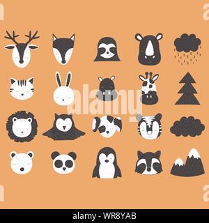 Vector illustration scandinaves pour les enfants. Animaux dessiné à la main. Cerfs, renards, sloth, rhinoceros, cat, lièvre, hippopotame, girafe, lion, tigre, chien, hibou, Illustration de Vecteur