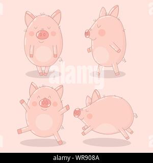 Collection de cochons mignon sur fond rose. Vector illustration pour la nouvelle année, noël, imprime, invitation, flyers, cartes, les enfants, vêtements, déco Illustration de Vecteur