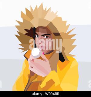 Belle jeune femme avec un cornet de crème glacée dans ses mains, portant un veston orange avec un capuchon brun hérissés. Portrait d'une femme comme polygone faible Illustration de Vecteur