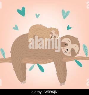 Image vectorielle d'un mignon sloth avec bébé et le cœur sur la branche. Cartoon illustration dessinée à la main pour les enfants, été tropical, vacances, carte, bannière, Illustration de Vecteur